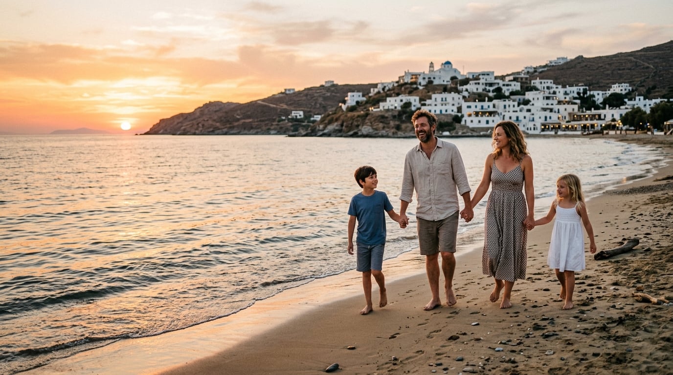 A family with two children walking hand-in-hand along a scenic Greek beach at sunset.