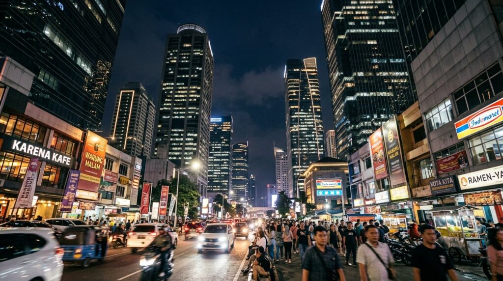 A brightly lit street scene in Jakarta at night with blurred traffic and towering buildings.