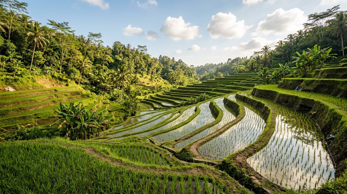 A terraced rice paddy field in Ubud with lush greenery.
