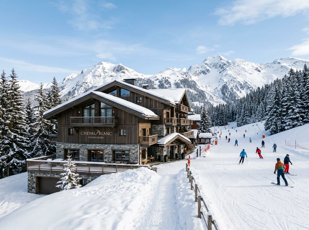 Exterior of Cheval Blanc Courchevel, a luxury hotel at the foot of a ski piste.