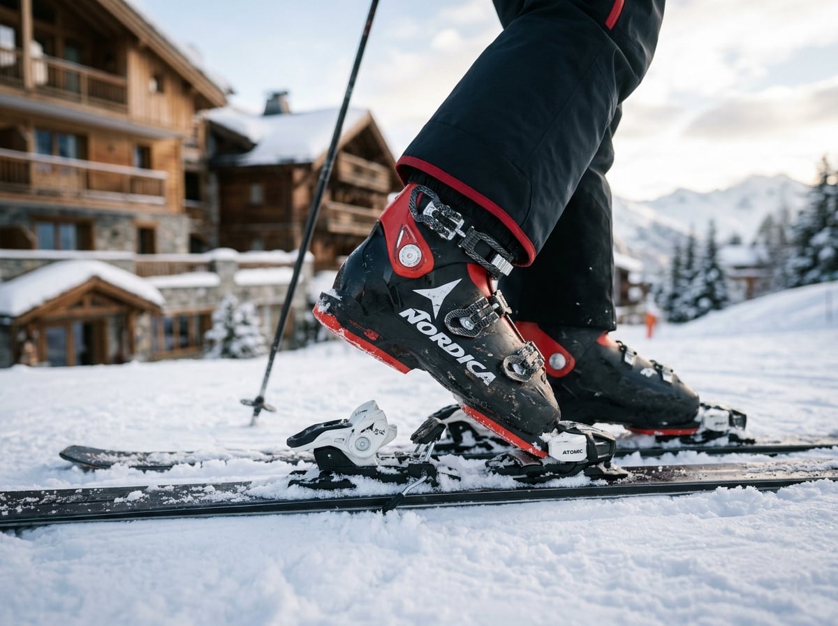 Skier clicking into ski bindings on a snowy slope outside a hotel.