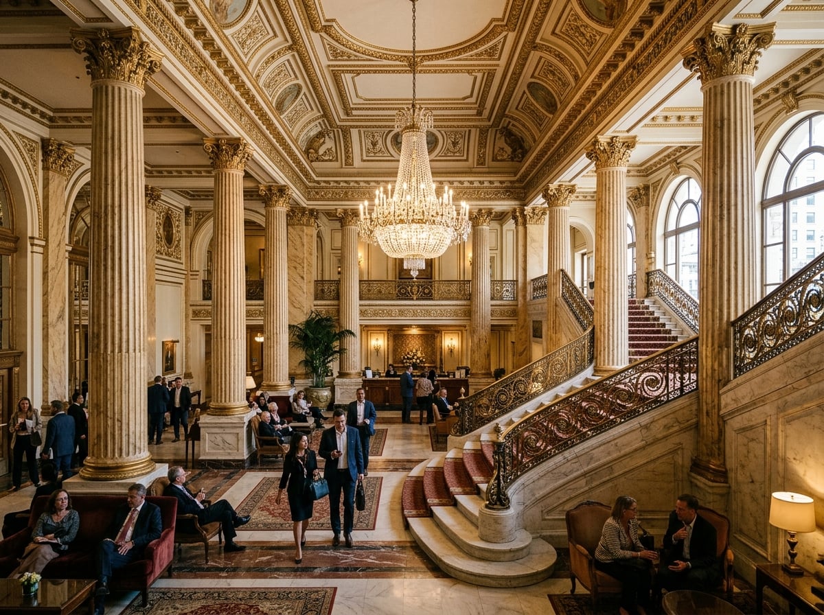 The grand, ornate lobby of the Fairmont San Francisco with marble columns.