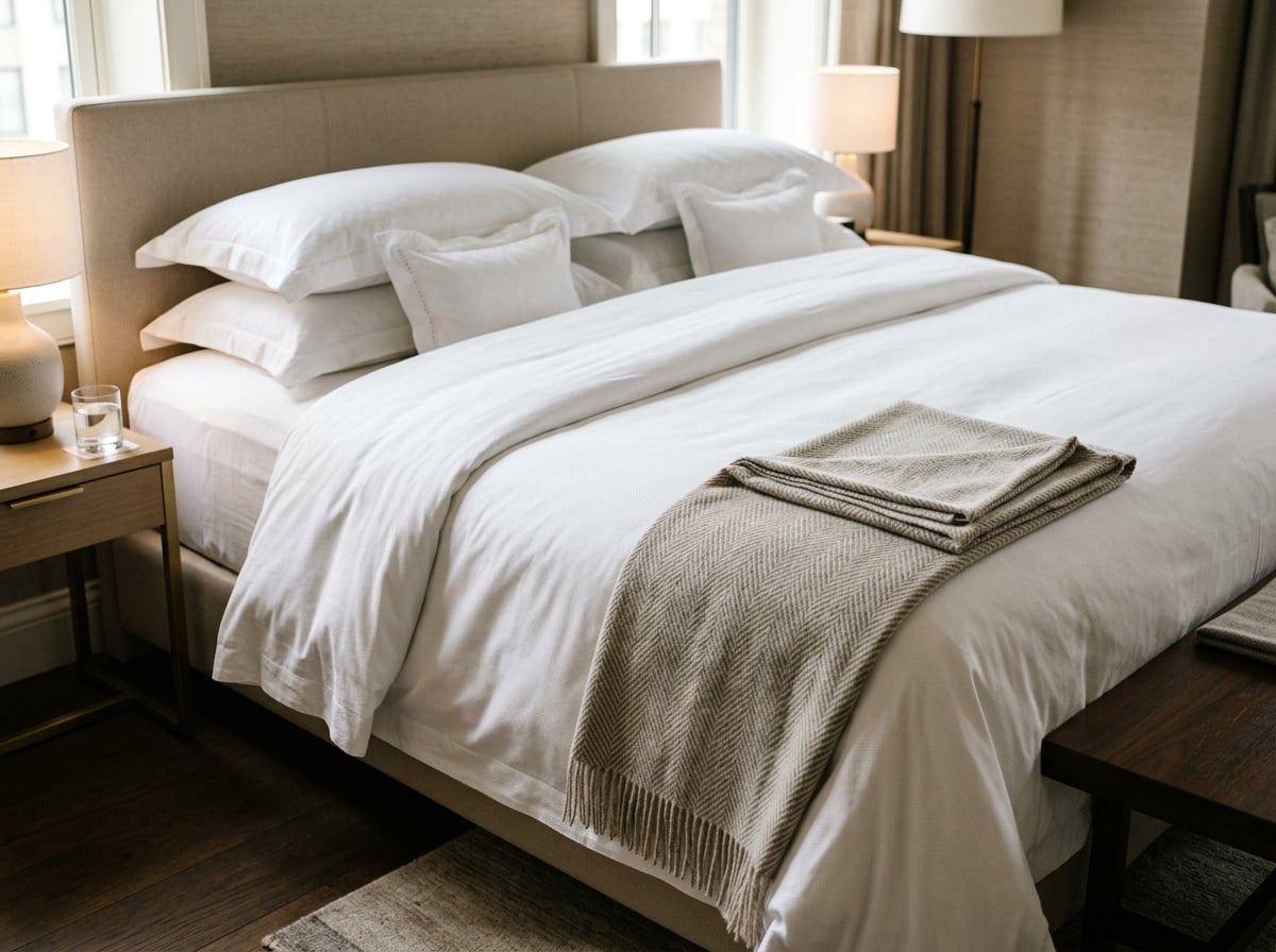 A neatly made luxury hotel bed with high thread count linens and plush pillows.