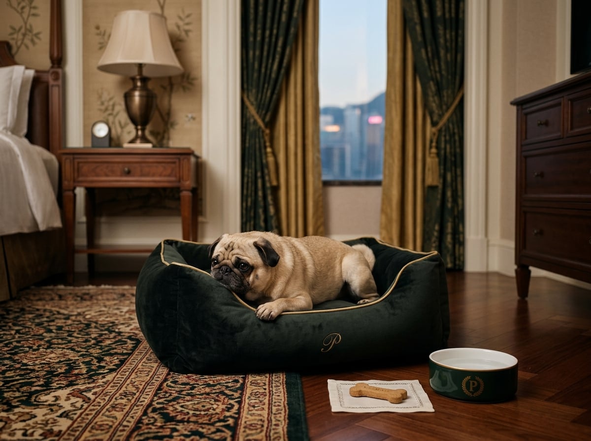 A small dog relaxing on a plush dog bed inside a luxurious Peninsula hotel suite.