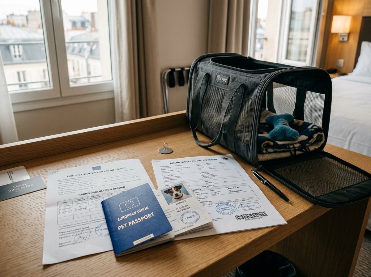 A pet passport and travel documents laid out on a table next to a dog's travel crate.
