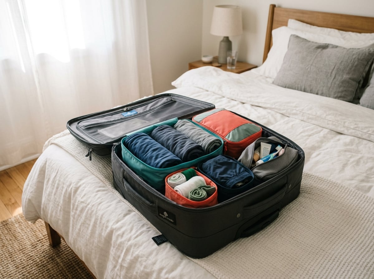 A suitcase with neatly packed clothing using packing cubes.