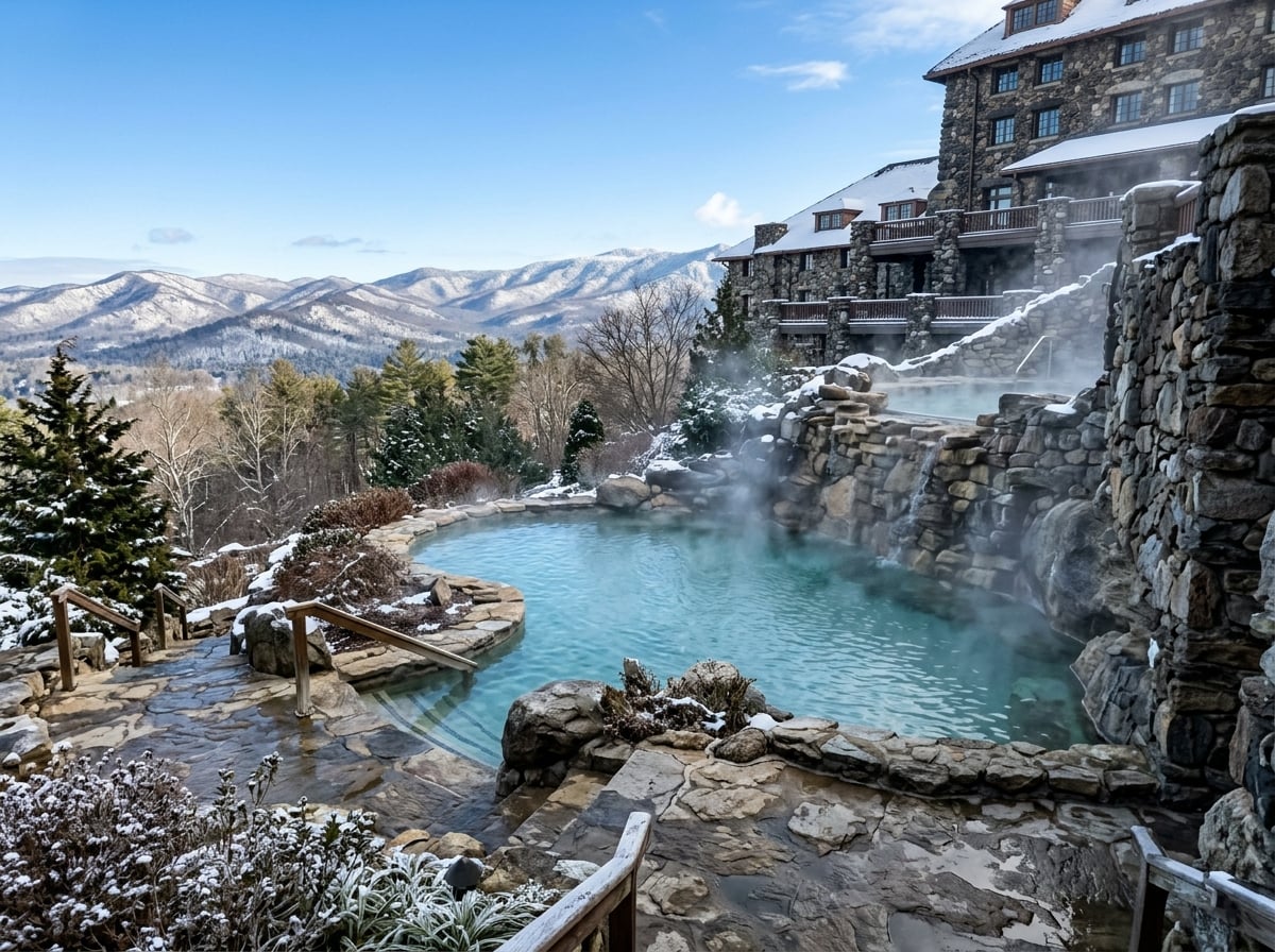 A warm, steaming outdoor mineral pool at the Omni Grove Park Inn in Asheville, North Carolina.