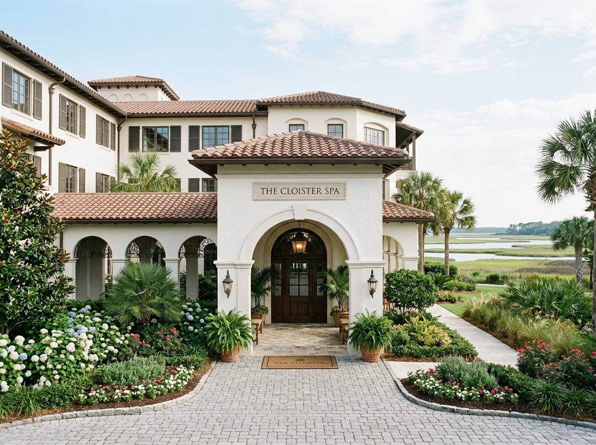 A grand entrance to a luxury spa building at The Cloister on Sea Island, Georgia, with manicured gardens.
