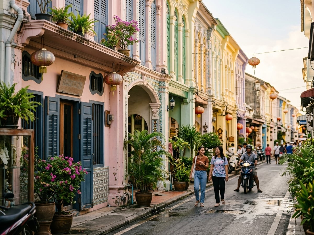 A colorful street in Phuket Old Town with Sino-Portuguese shophouses.