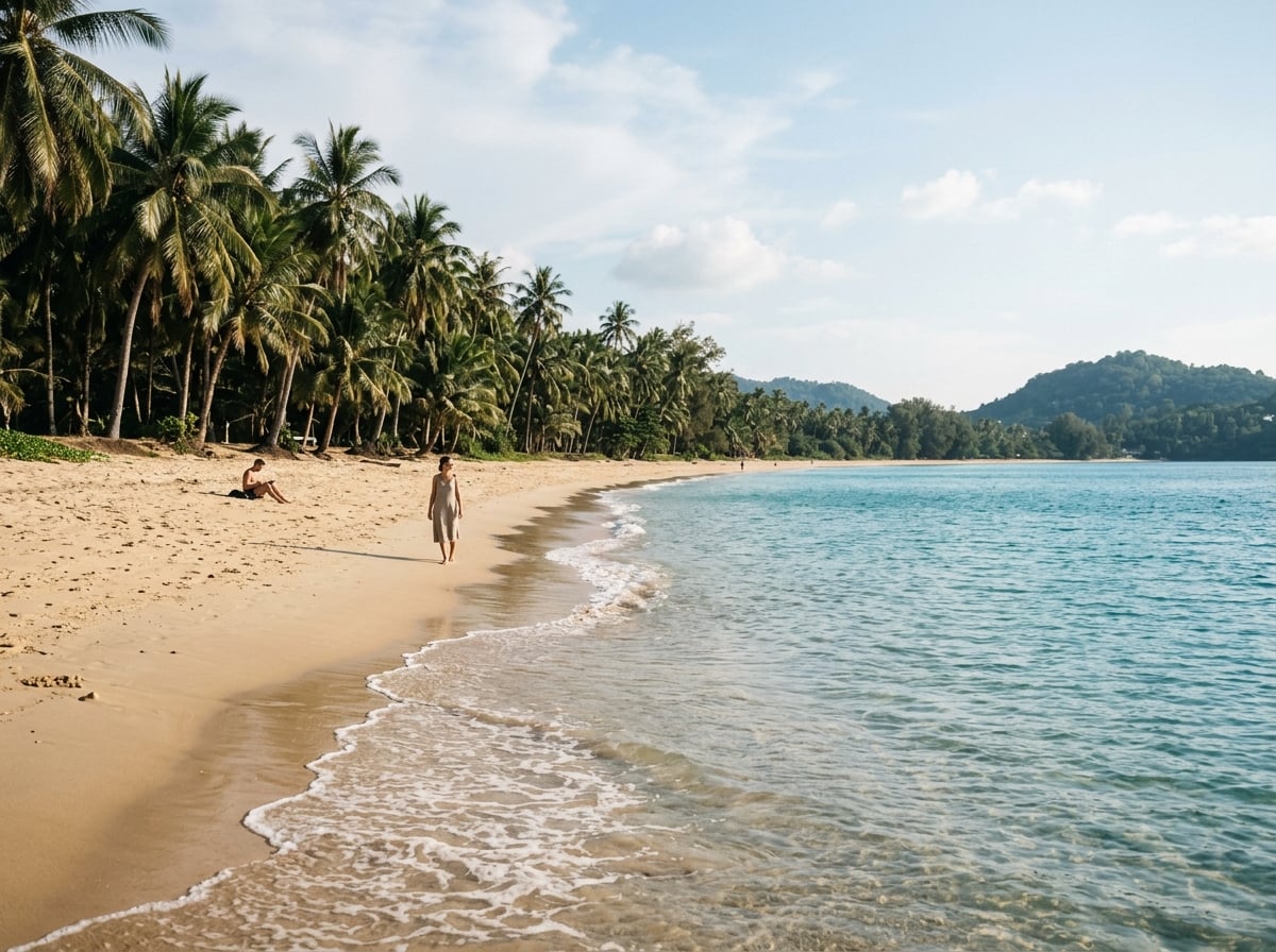 A quiet beach in Phuket with golden sand and clear water.
