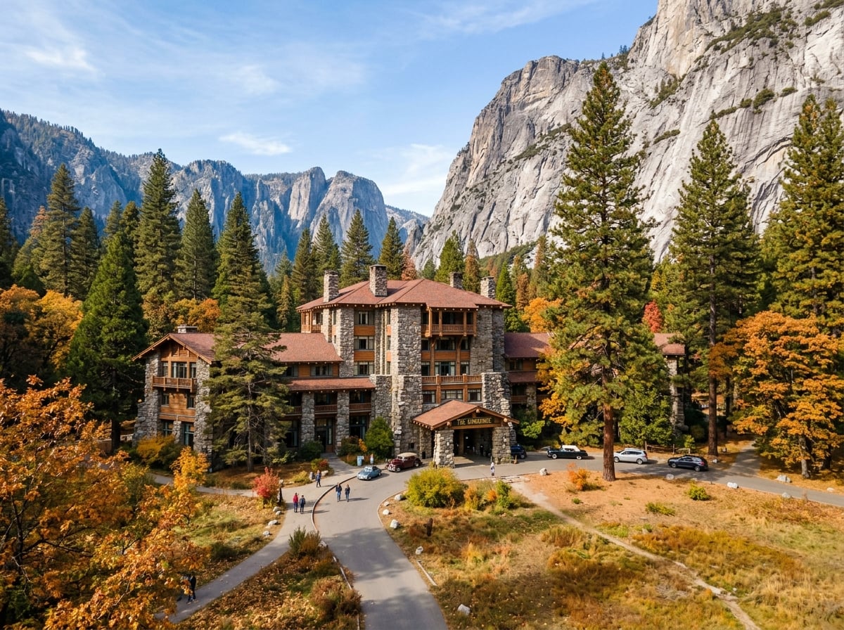 The exterior of The Majestic Yosemite Hotel, a grand stone building surrounded by trees.