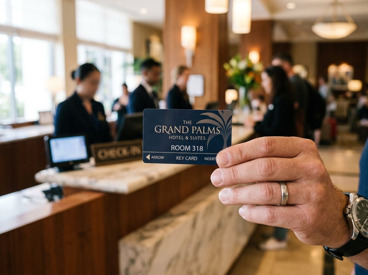 A hand holding a room key card with a blurred background of a hotel check-in desk.