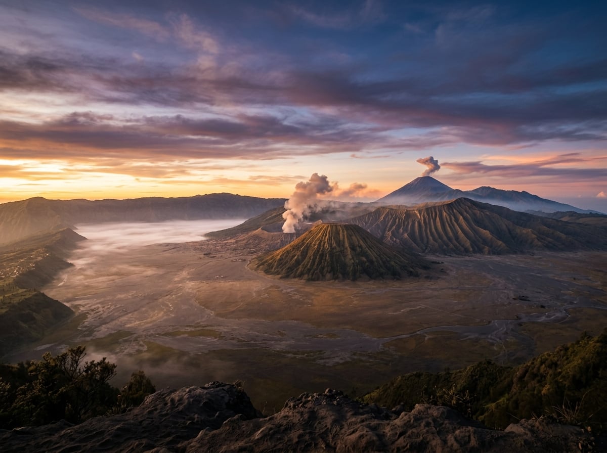 Sunrise over Mount Bromo crater with volcanic smoke rising, viewed from a distant viewpoint.