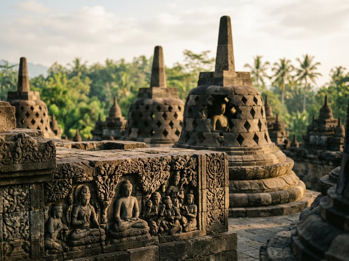 Detailed view of the intricate stone carvings and stupas of Borobudur Temple.