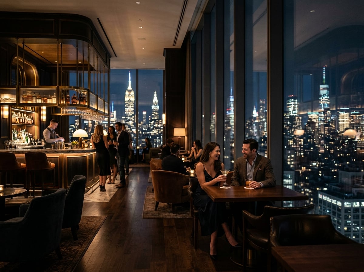 A modern hotel bar with city views at night.