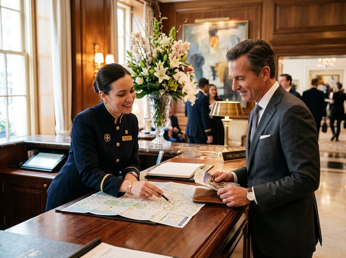 A concierge at a hotel desk in Manhattan assisting a guest.
