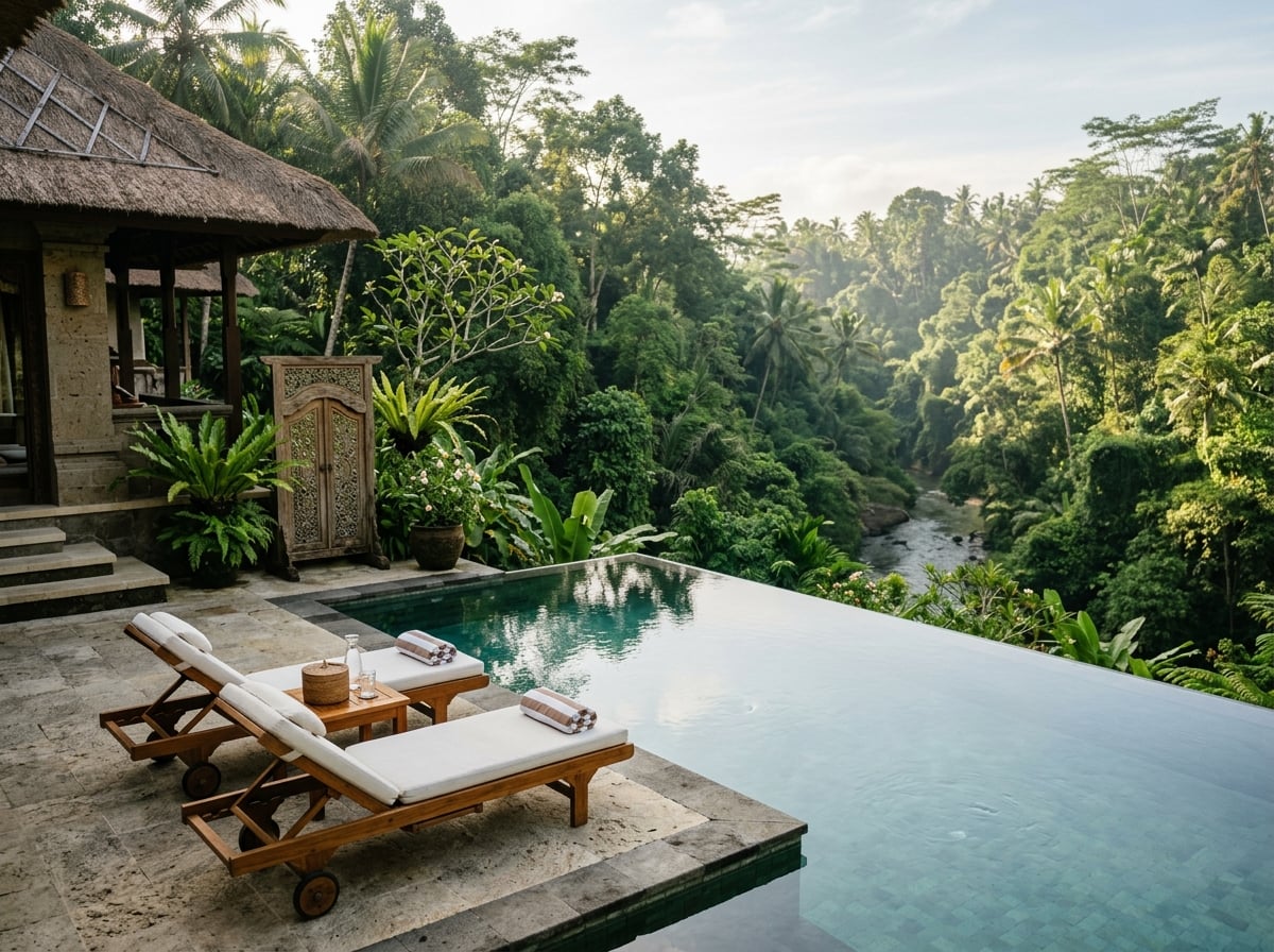 A private infinity pool at Viceroy Bali with a view of the Petanu River valley.