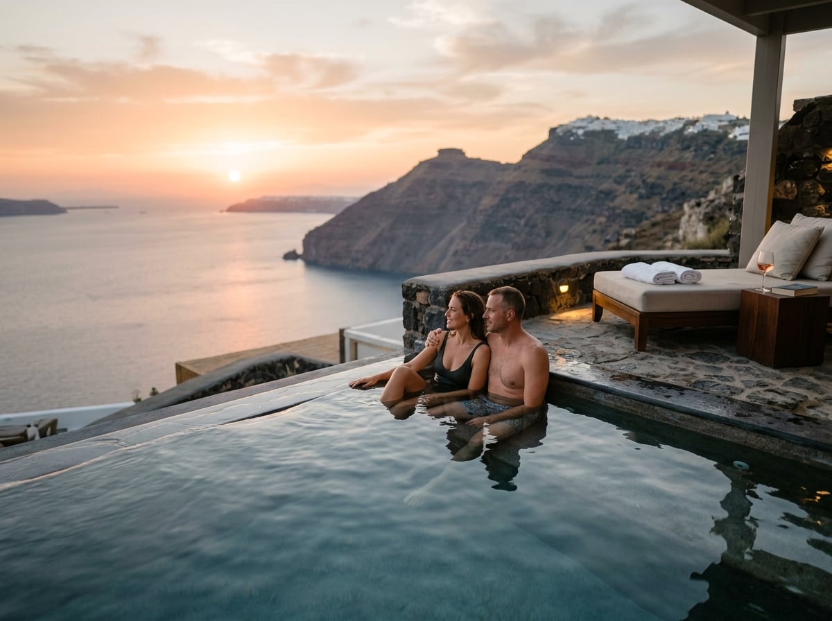 A couple enjoying a private infinity pool at a luxury resort, overlooking a scenic view.