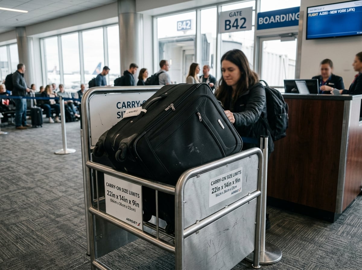 Overhead airplane bins filled with various carry-on bags.