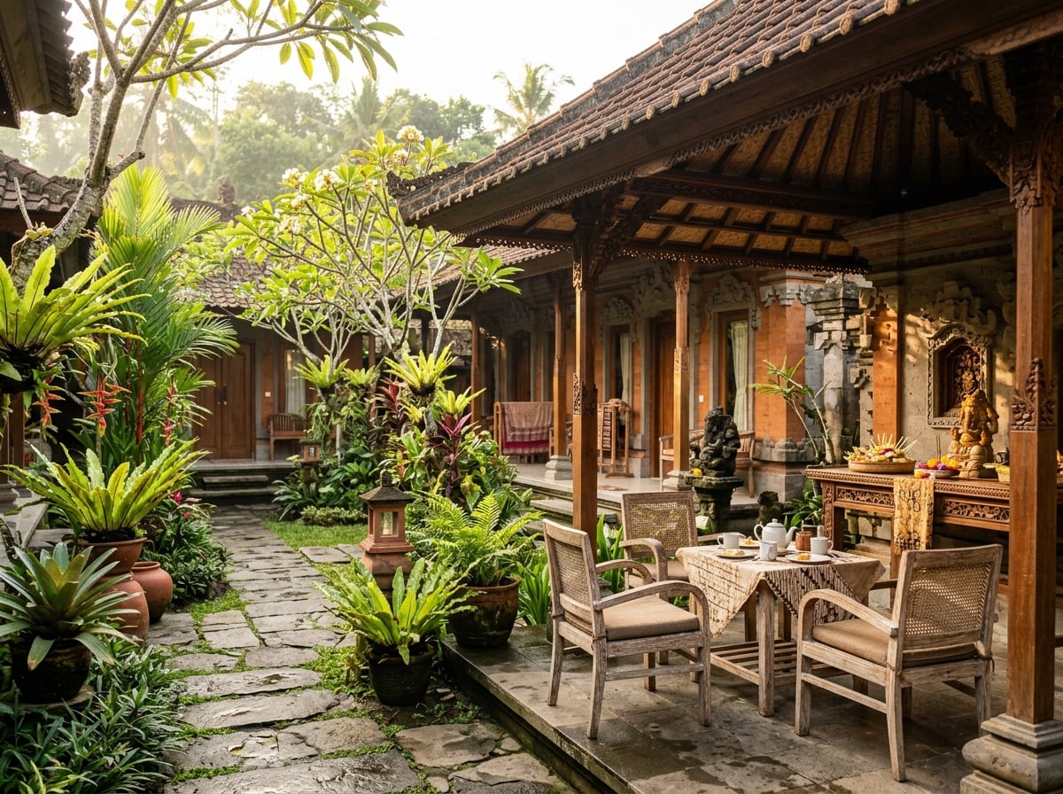 A traditional Balinese guesthouse courtyard with potted plants and wooden architecture.