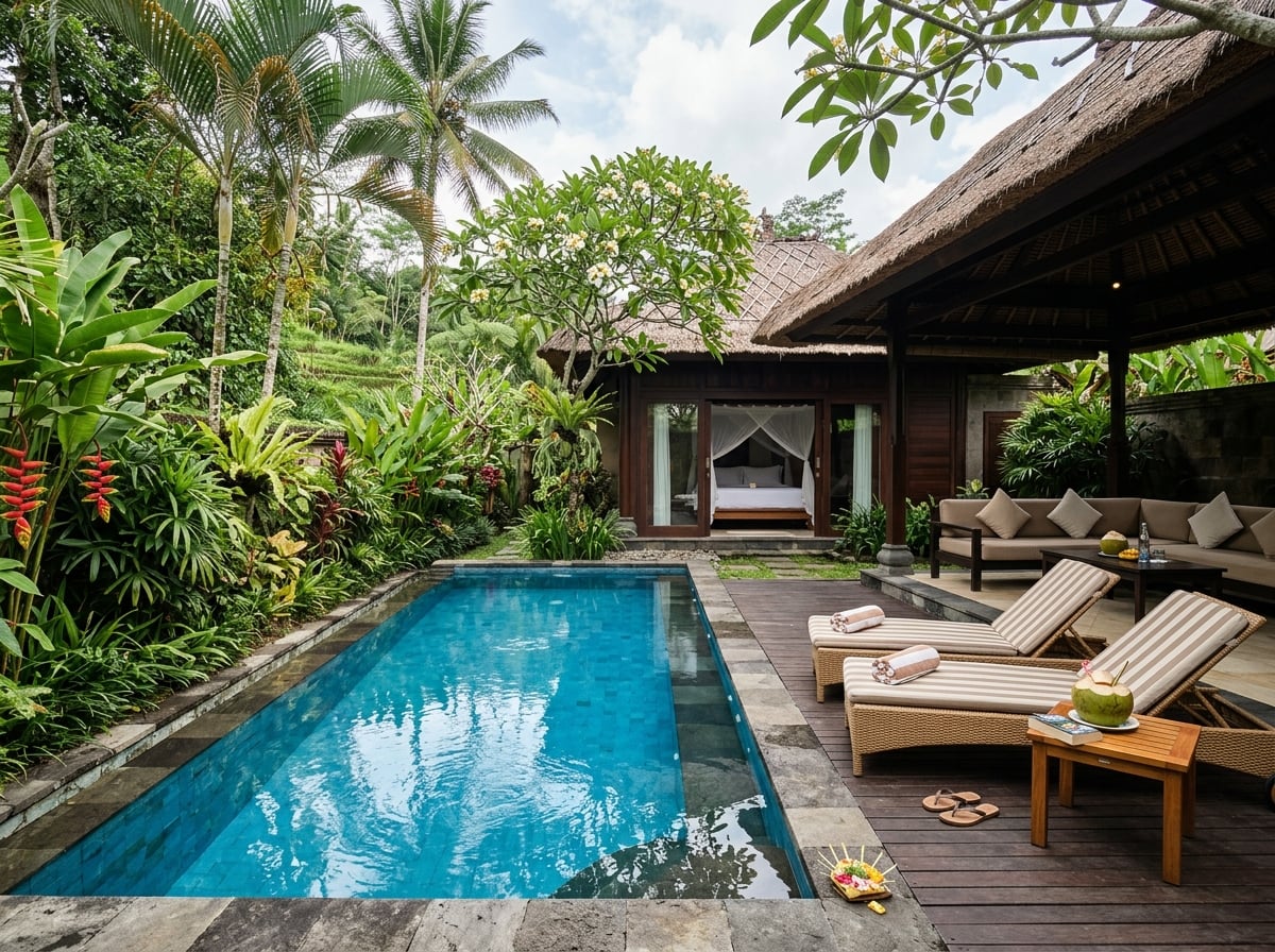 A private plunge pool in a modern one-bedroom villa in Ubud, surrounded by tropical plants.