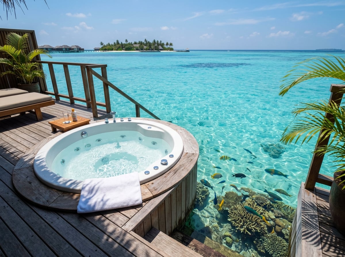 An overwater villa in the Maldives with a private jetted plunge tub overlooking a turquoise lagoon.