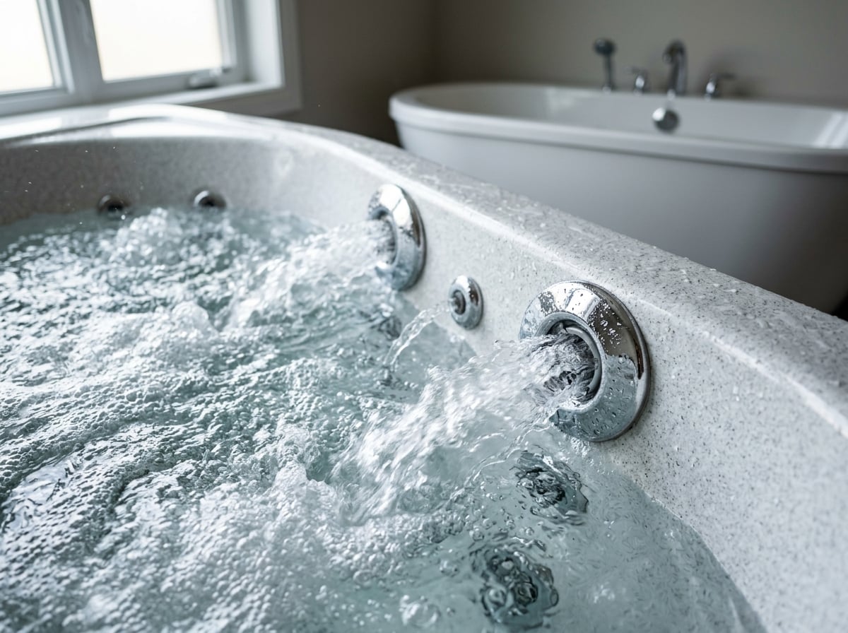 Close-up of a jacuzzi tub with powerful jets creating effervescent water, contrasting with a plain soaking tub in the background.
