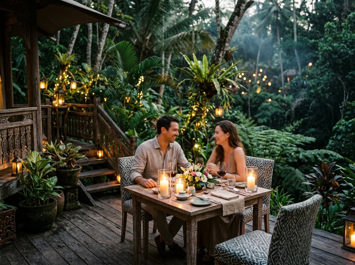 A couple enjoying a private dining experience on a wooden deck in the jungle.