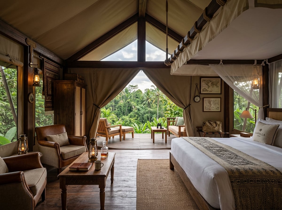 A unique, safari-style tented suite interior at Capella Ubud, with elegant furnishings.