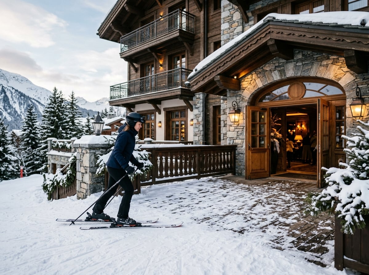 A person skiing directly up to a luxurious Courchevel hotel entrance.