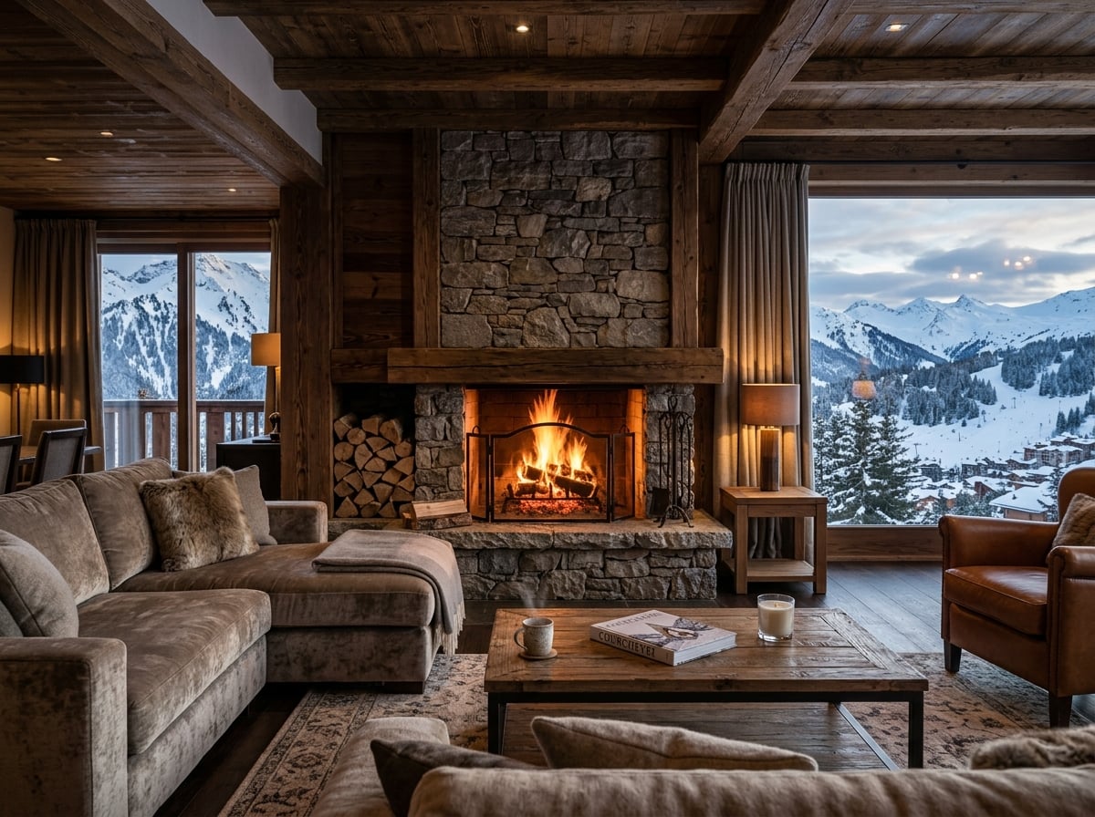A luxurious fireplace in a Courchevel 1850 hotel suite.