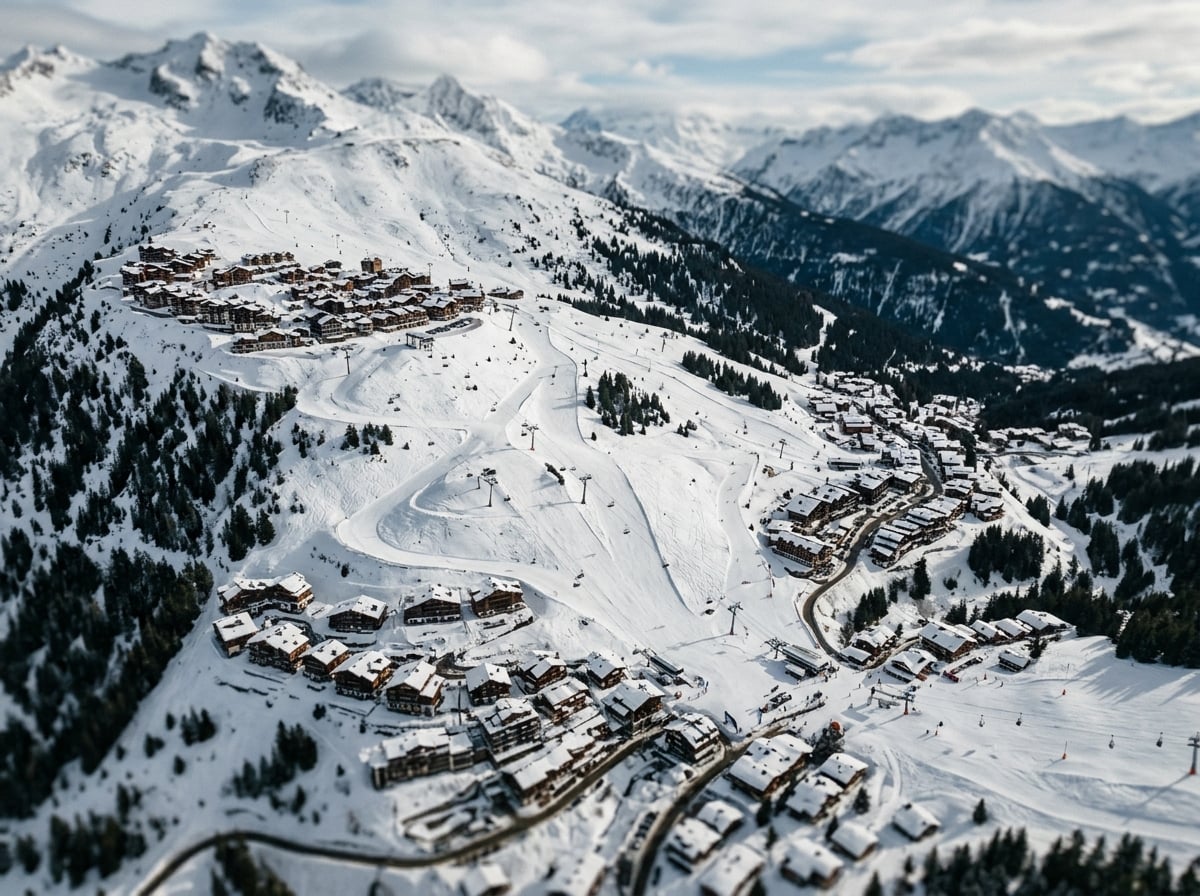 Overhead view of Courchevel's ski slopes and interconnected villages.