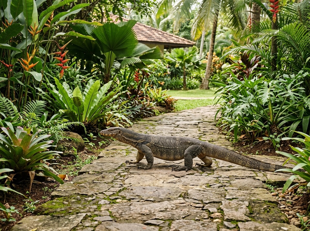 A monitor lizard on a pathway in a lush tropical garden at a resort in Sri Lanka.