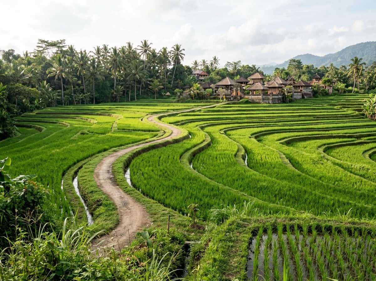 Winding path through vibrant green rice terraces in Ubud.