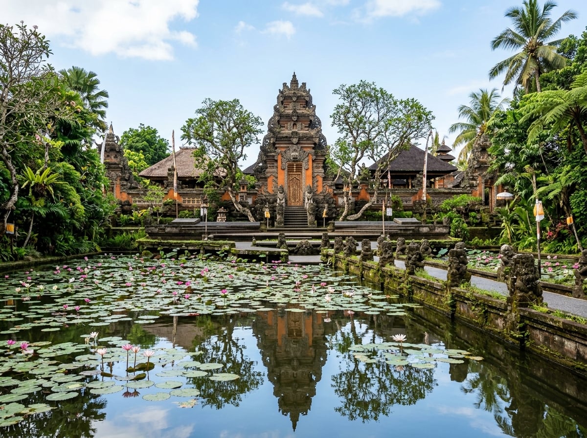 Traditional Balinese stone gate of Saraswati Temple in Ubud with a lotus pond.
