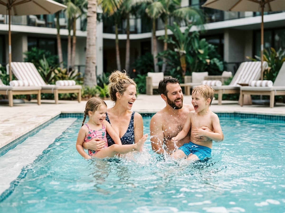 A family enjoying a hotel swimming pool during the day.