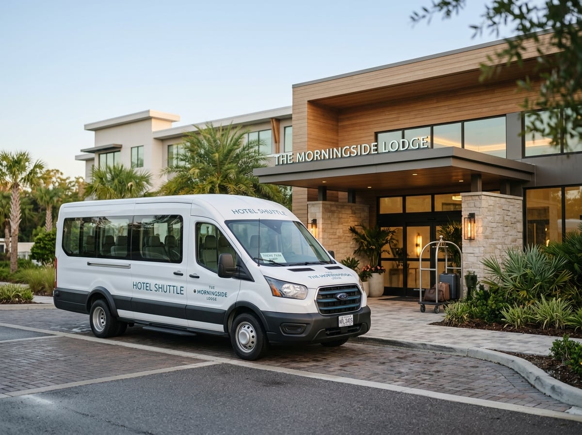A hotel shuttle bus parked outside a hotel near a theme park.