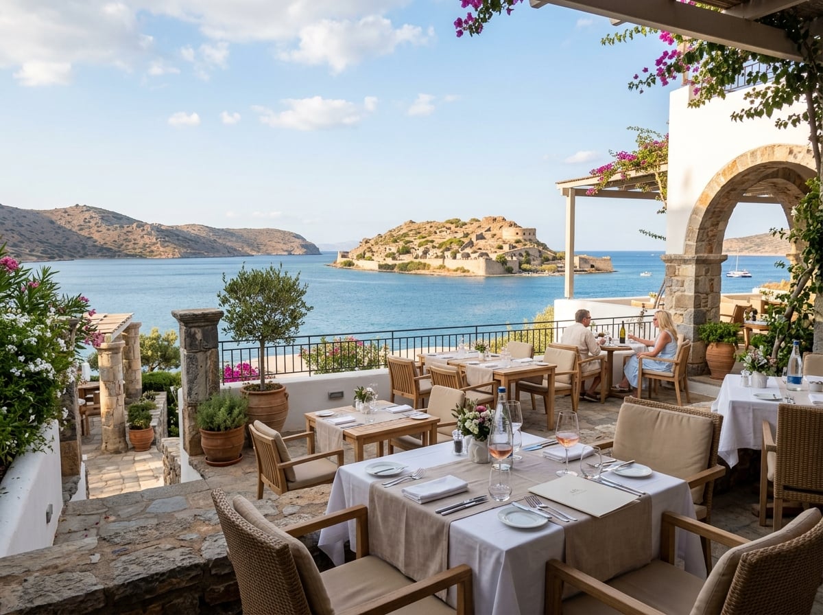 An outdoor restaurant terrace at Blue Palace with views of Spinalonga Island.