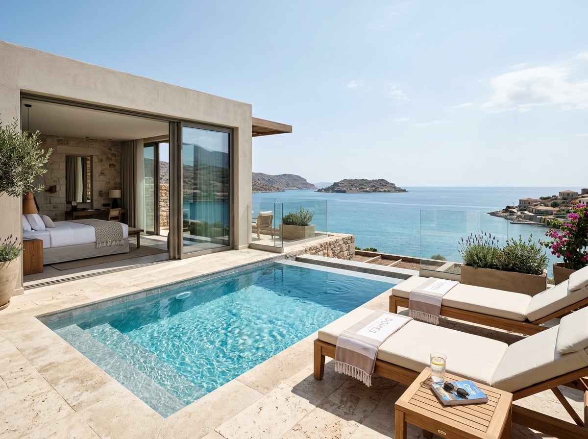 A luxurious suite at Domes of Elounda with a private plunge pool and sea view.