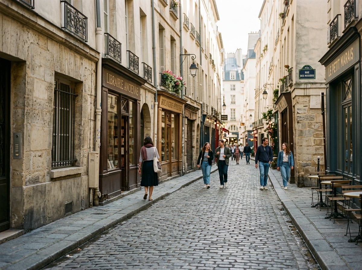 A narrow, charming street in Le Marais district with old stone buildings and no cars.
