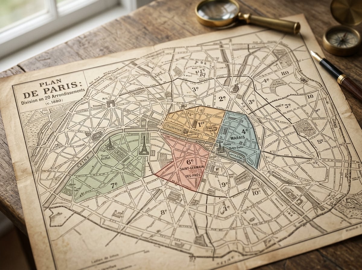 An antique map of Paris highlighting different arrondissements with subtle color overlays.