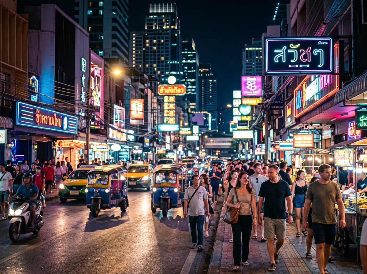 A lively street scene in Sukhumvit with bright lights and signs.