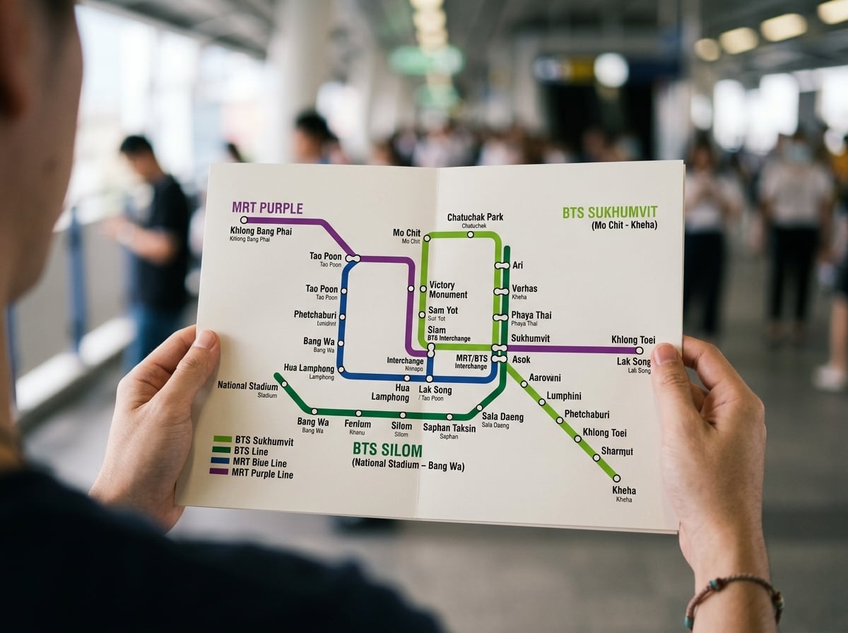 A map of Bangkok's public transit lines with colored routes.
