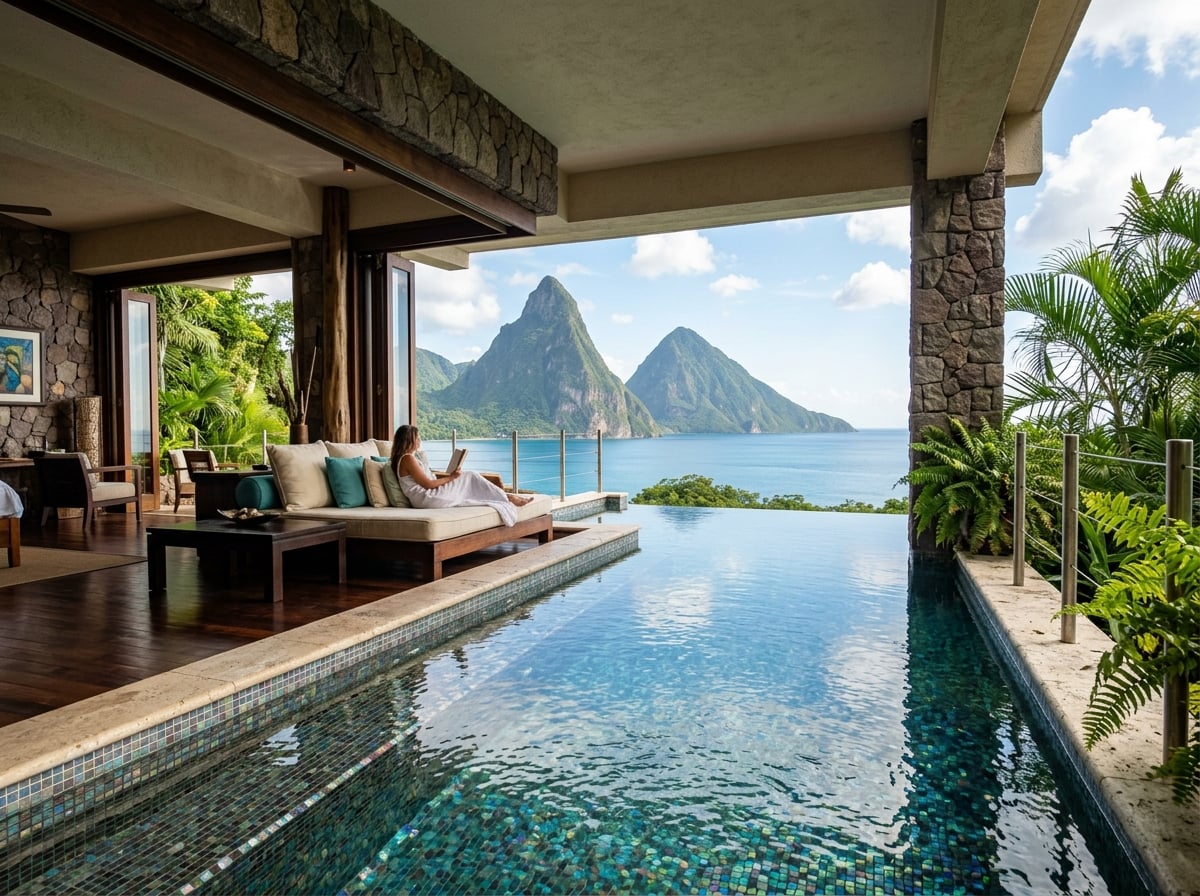 A private infinity pool suite at Jade Mountain Resort overlooking the Pitons.