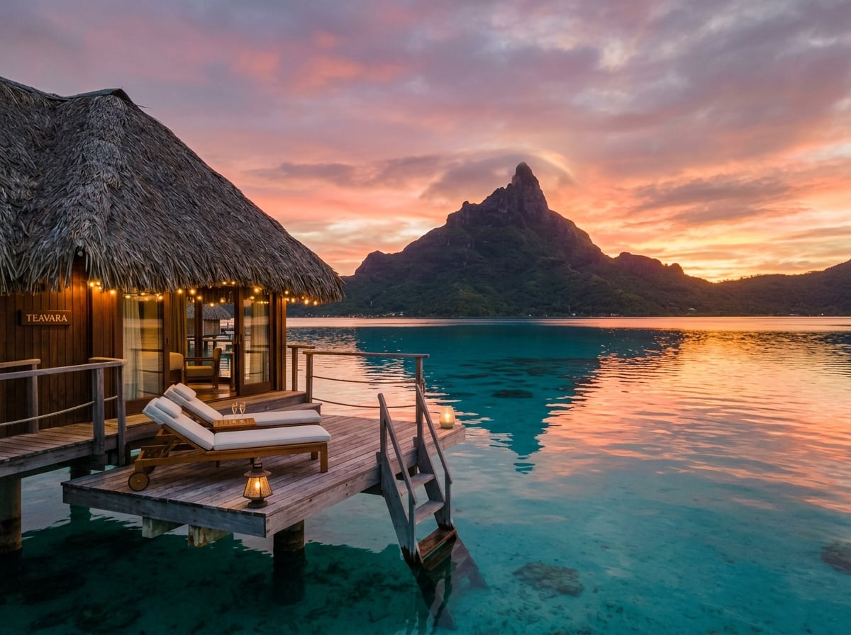 An overwater bungalow with Mount Otemanu in the background at sunset.
