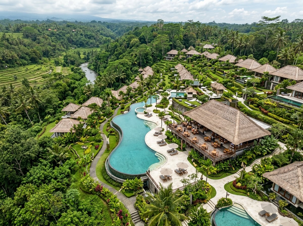 Expansive luxury resort property in Ubud with multiple amenities.