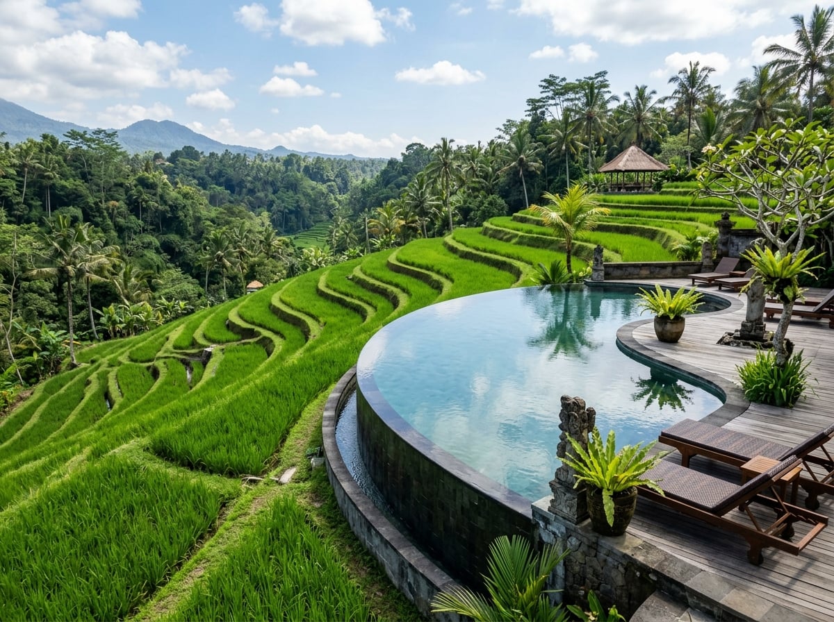 Luxury resort infinity pool blending into terraced rice fields in Ubud.