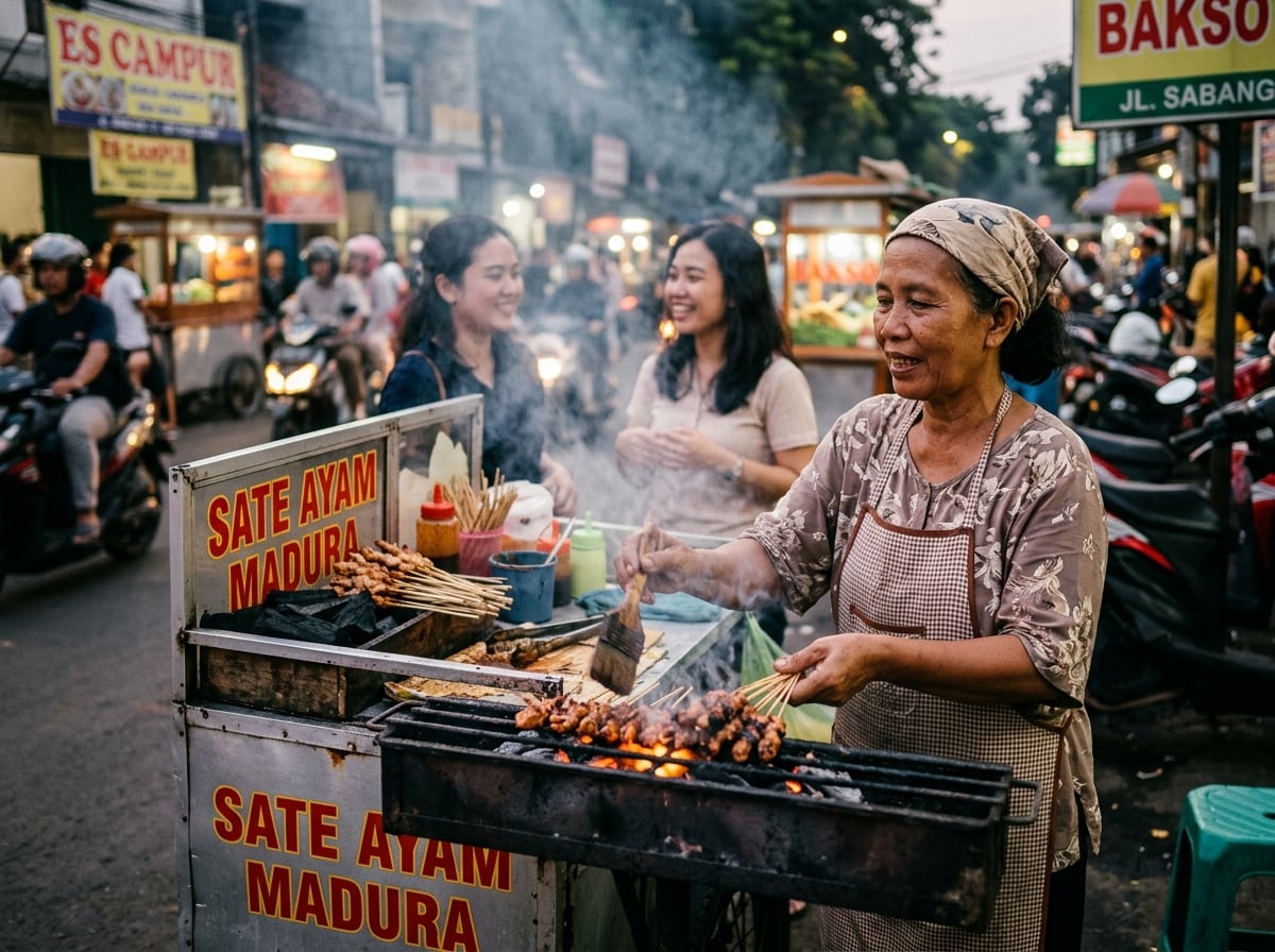 A Jakarta street food vendor preparing satay skewers on a grill.