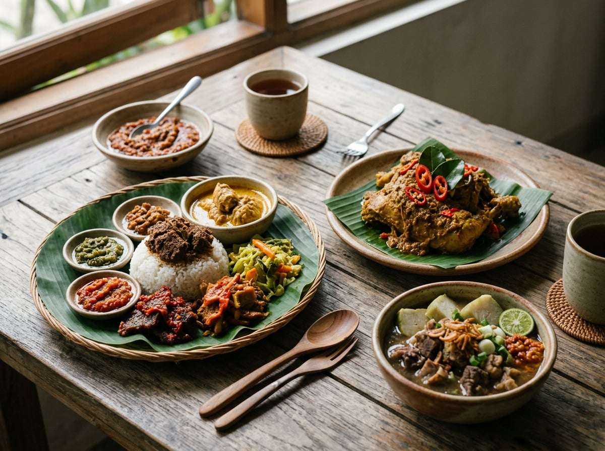A colorful array of Indonesian dishes, representing diverse regional flavors.