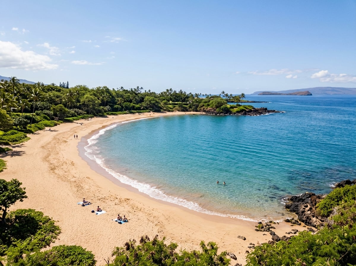 Wailea Beach in Maui with calm blue water and a few beachgoers.
